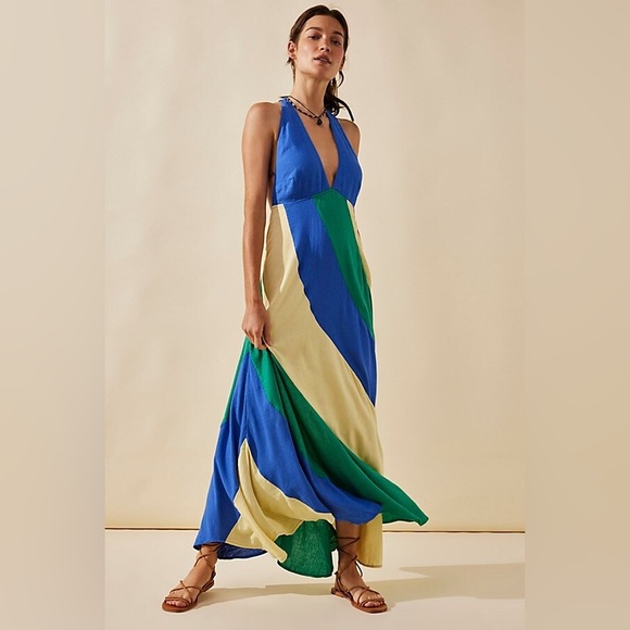 Free People Dresses & Skirts - Free People Give Me A Spin Colorblock Tie Back Halter Midi Sz M NEW